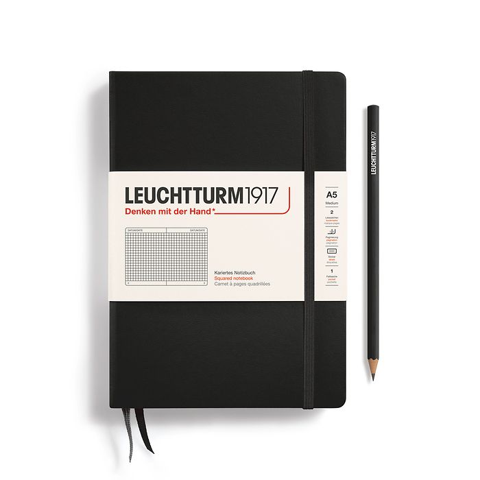 Notebook Medium (A5) Hardcover, 249 numbered pages, squared, black