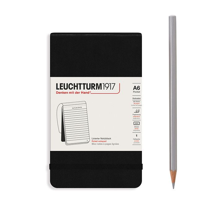 Notepad Pocket (A6) Hardcover, 94 numbered pages, black, ruled