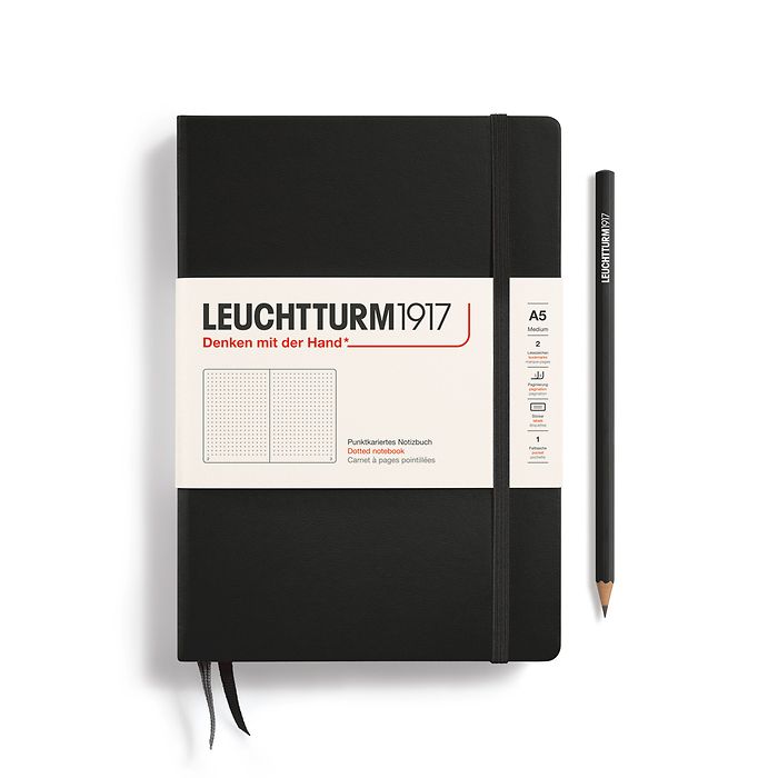 Notebook Medium (A5) Hardcover, 251 numbered pages, dotted, black