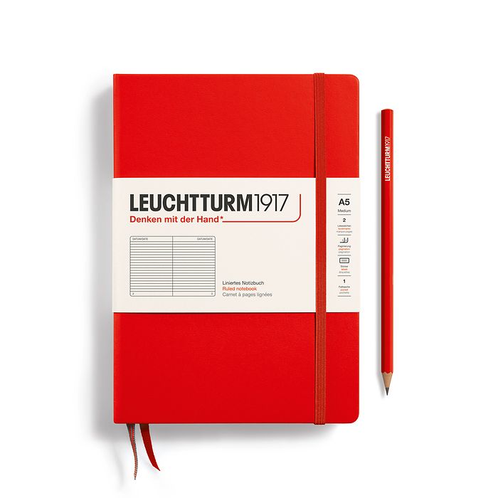 Notebook Medium (A5) Hardcover, 249 numbered pages, ruled, red