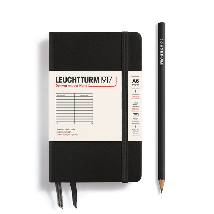 Notebook Pocket (A6) Hardcover, 185 numbered pages, ruled, black