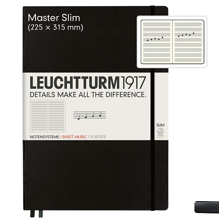 Notebook Master Slim (A4+) with staves, Hardcover, 121 numbered pages, black