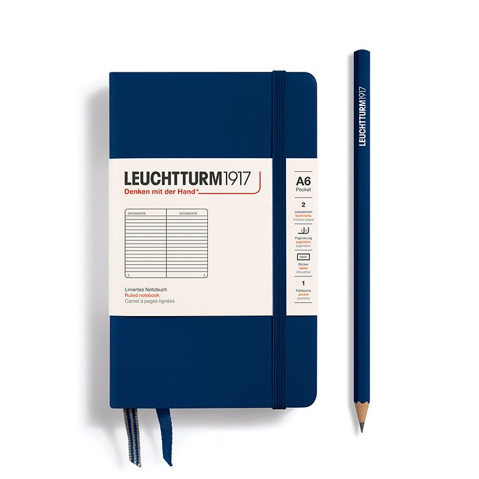 Notebook Pocket (A6) Hardcover, 185 numbered pages, ruled, navy