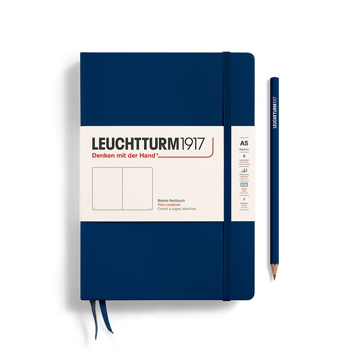 Notebook Medium (A5) Hardcover, 249 numbered pages, plain, navy