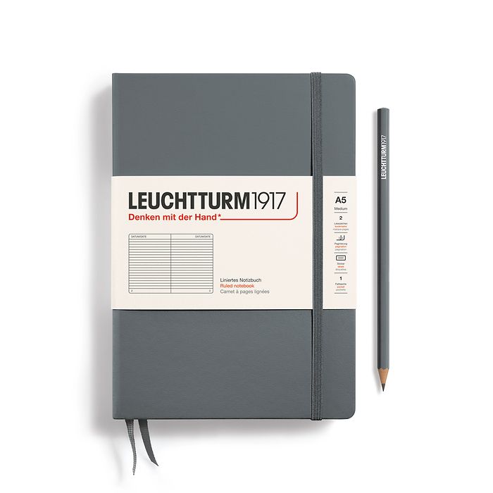 Notebook Medium (A5) Hardcover, 249 numbered pages, ruled, anthracite
