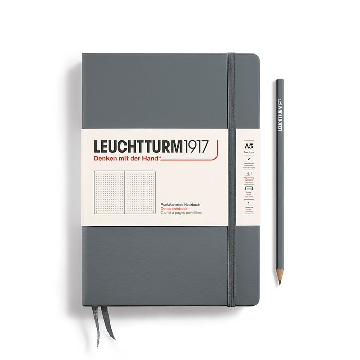 Notebook Medium (A5) Hardcover, 249 numbered pages, dotted, anthracite