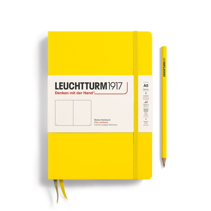 Notebook Medium (A5) Hardcover, 249 numbered pages, plain, lemon