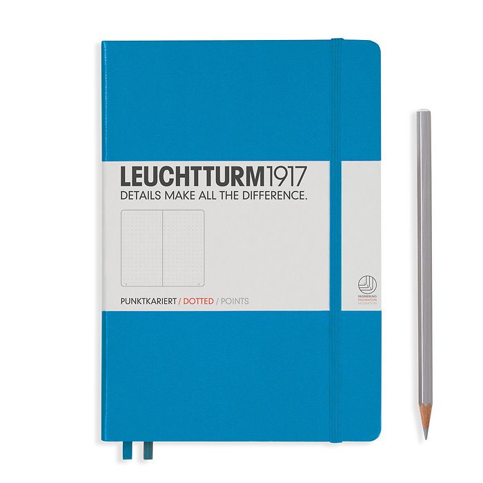 Notebook Medium (A5) Hardcover, 249 numbered pages, dotted, azure