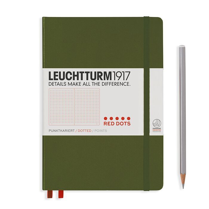 Notebook Medium (A5) Hardcover, 251 numbered pages, dotted, army, Red Dots