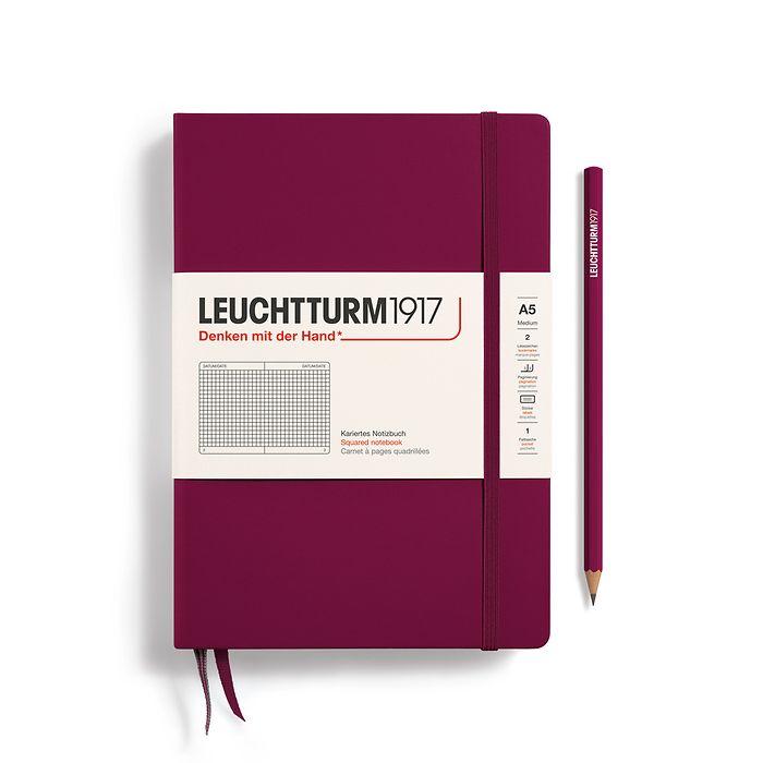 Notebook Medium (A5), squared, Hardcover 251 numbered pages, port red