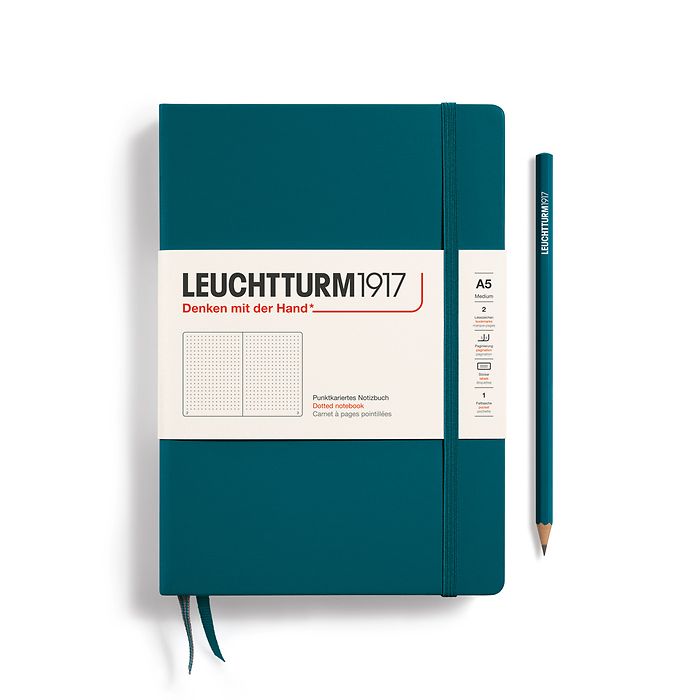 Notebook Medium (A5), dottedHardcover 251 numbered pages, pacific green