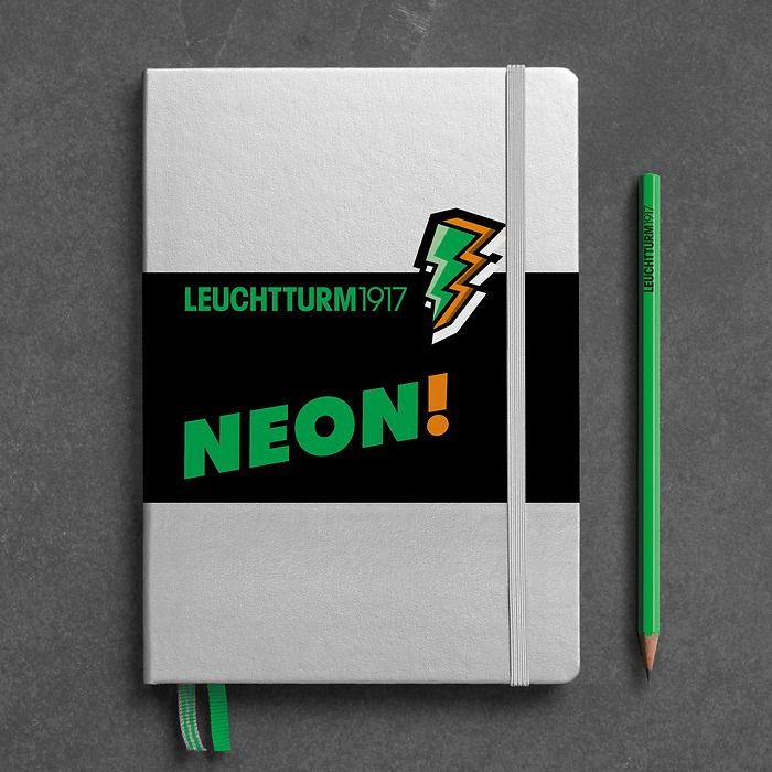 Notebook Medium (A5), Hardcover, 251 numbered pages, Silver & Neon Green, dotted