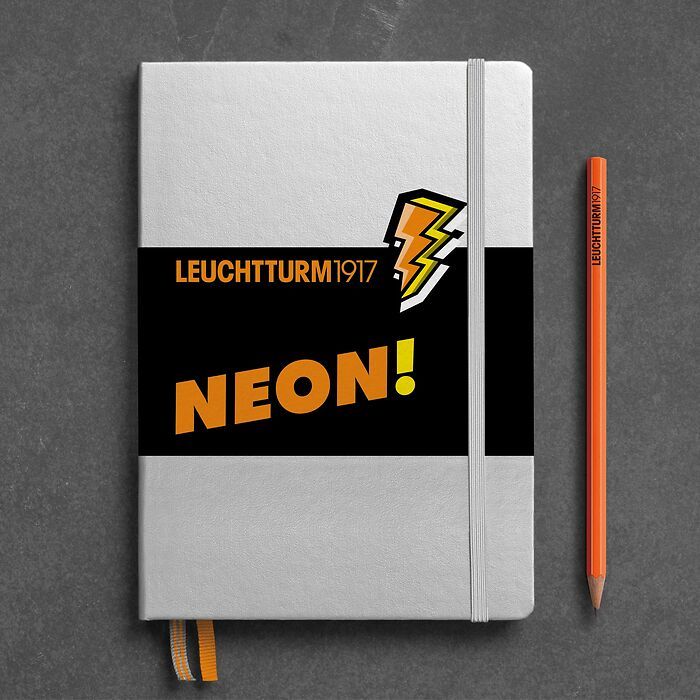 Notebook Medium (A5), Hardcover, 251 numbered pages, Silver & Neon Orange, dotted