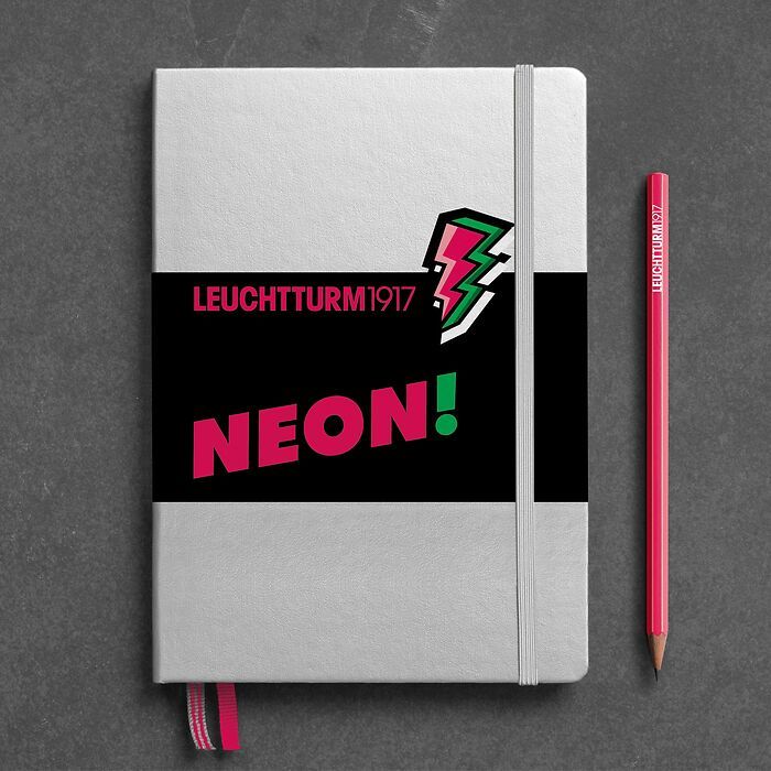 Notebook Medium (A5), Hardcover, 251 numbered pages, Silver & Neon Pink, dotted
