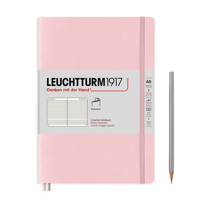 Notebook Medium (A5), Softcover, 123 numbered pages, Powder, ruled