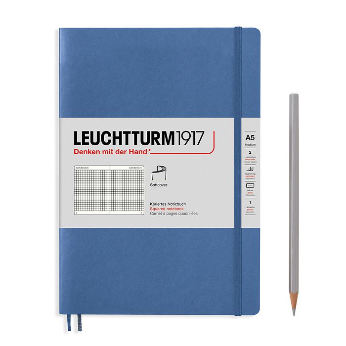 Notebook Medium (A5), Softcover, 123 numbered pages, Denim,  squared
