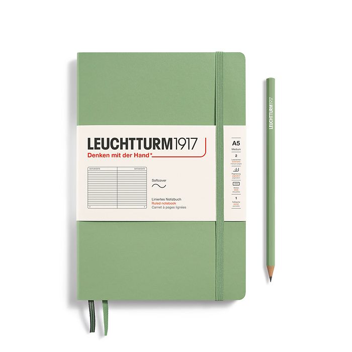 Notebook Medium (A5), Softcover, 123 numbered pages, Sage, ruled