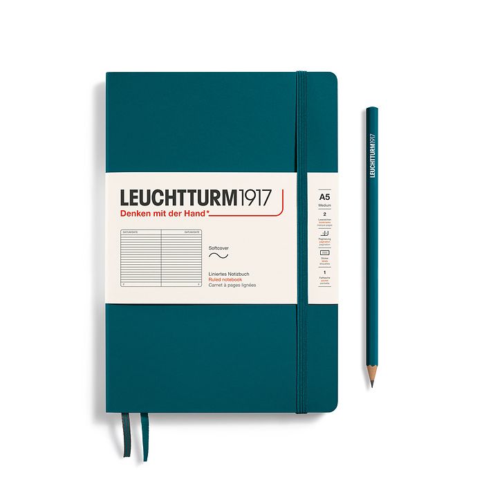 Notebook Medium (A5), Softcover, 123 numbered pages, Pacific Green,  ruled