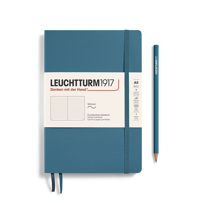 Notebook Medium (A5), Softcover, 123 numbered pages, Stone Blue, dotted