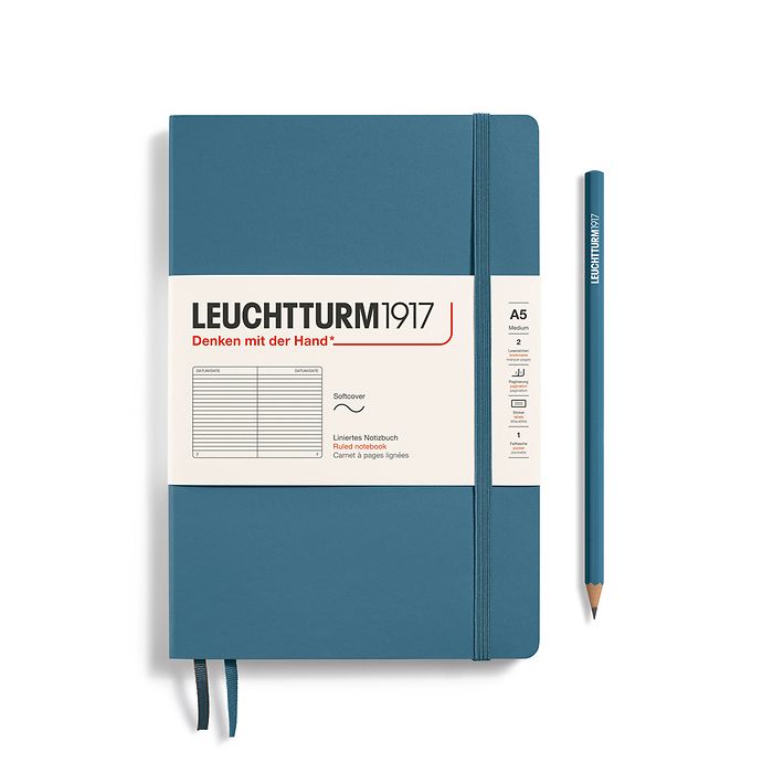 Notebook Medium (A5), Softcover, 123 numbered pages, Stone Blue, ruled