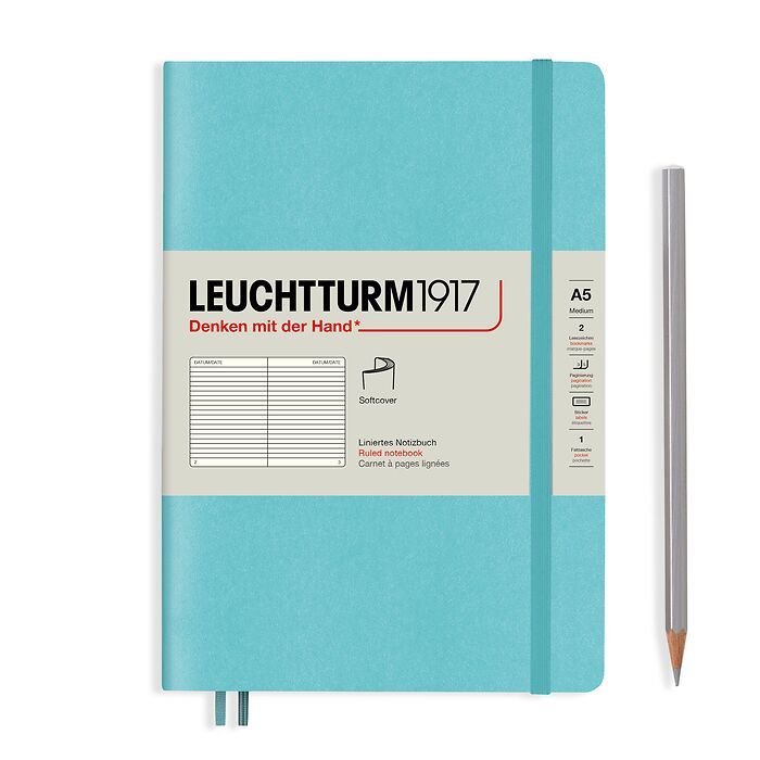 Notebook Medium (A5), Softcover, 123 numbered pages, Aquamarine, ruled
