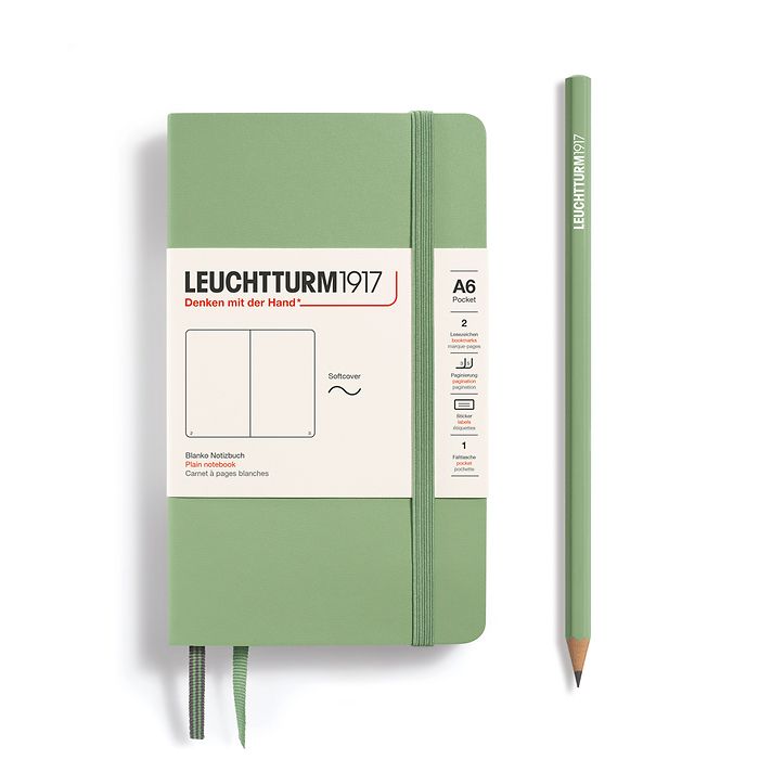 Notebook Pocket (A6), Softcover, 123 numbered pages, Sage, plain