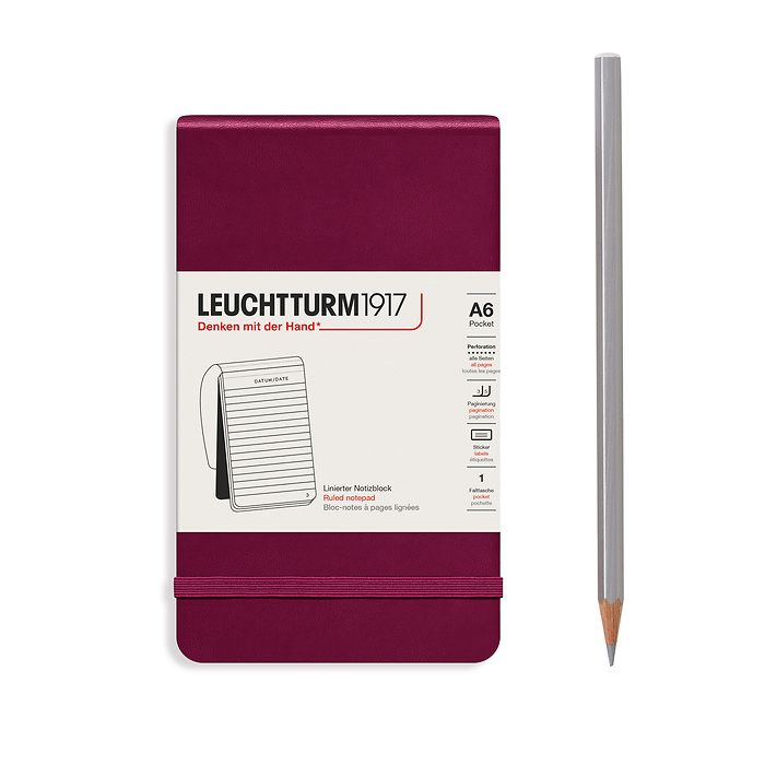 Notepad Pocket (A6), Hardcover, 94 numbered pages, Port Red, ruled