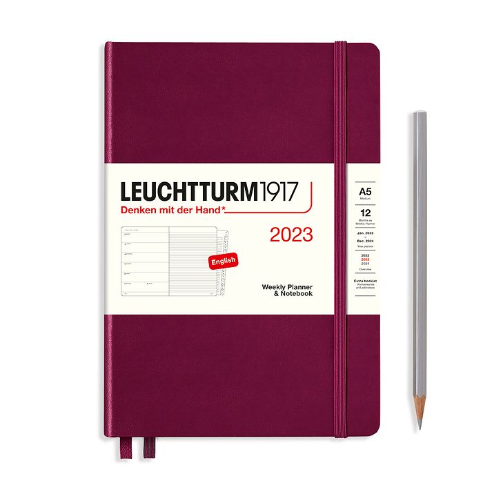 Weekly Planner & Notebook Medium (A5) 2023, with booklet, Port Red, English