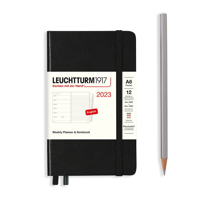 Weekly Planner & Notebook Pocket (A6) 2023, with booklet, Black, English