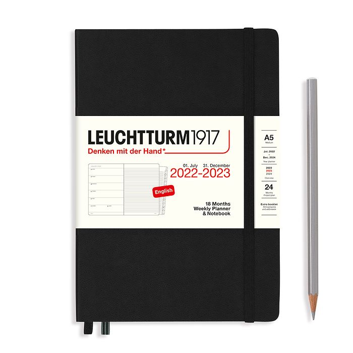 Weekly Planner & Notebook Medium (A5) 2023, with booklet, 18 Months, Black, English