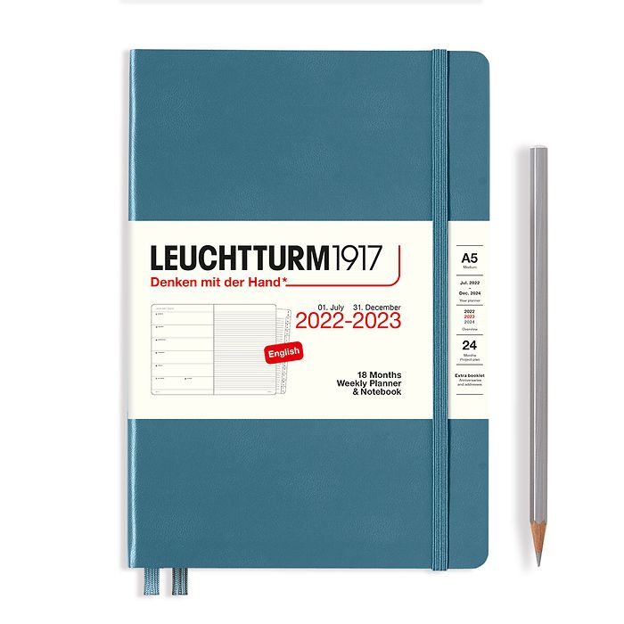 Weekly Planner & Notebook Medium (A5) 2023, with booklet, 18 Months, Stone Blue, English