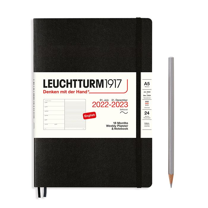 Weekly Planner & Notebook Medium (A5) 2023, 18 Months, Softcover, Black, English