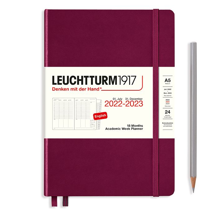 Academic Week Planner Medium (A5) 2023, with booklet, 18 Months, Port Red, English