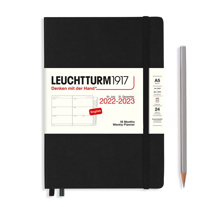 Weekly Planner Medium (A5) 2023, with booklet, 18 Months, Black, English