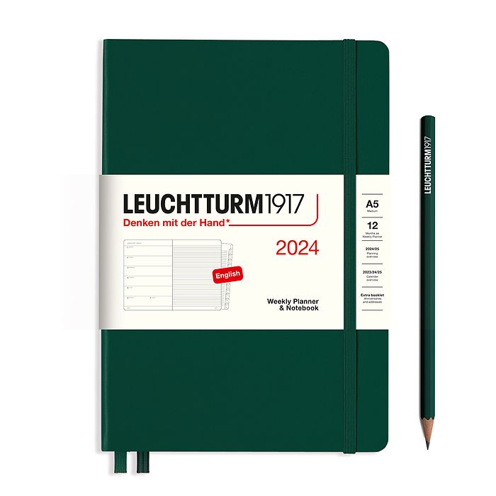Weekly Planner & Notebook Medium (A5) 2024, with booklet, Forest Green, English