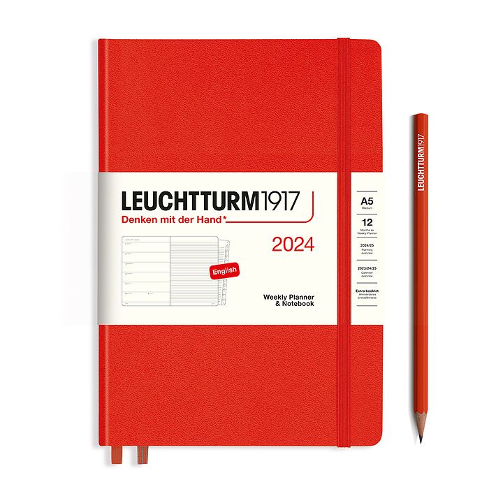 Weekly Planner & Notebook Medium (A5) 2024, with booklet, Fox Red, English