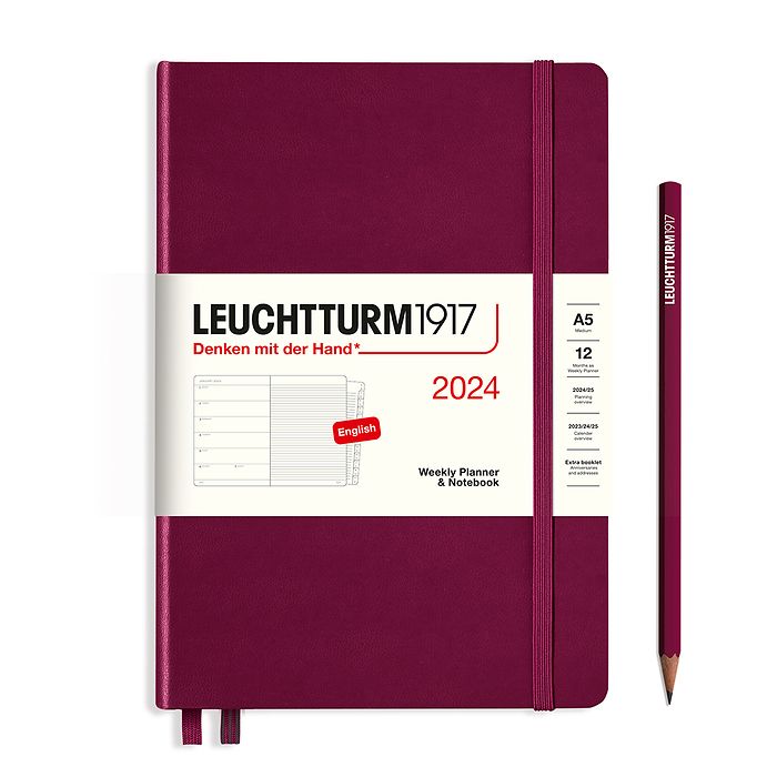 Weekly Planner & Notebook Medium (A5) 2024, with booklet, Port Red, English