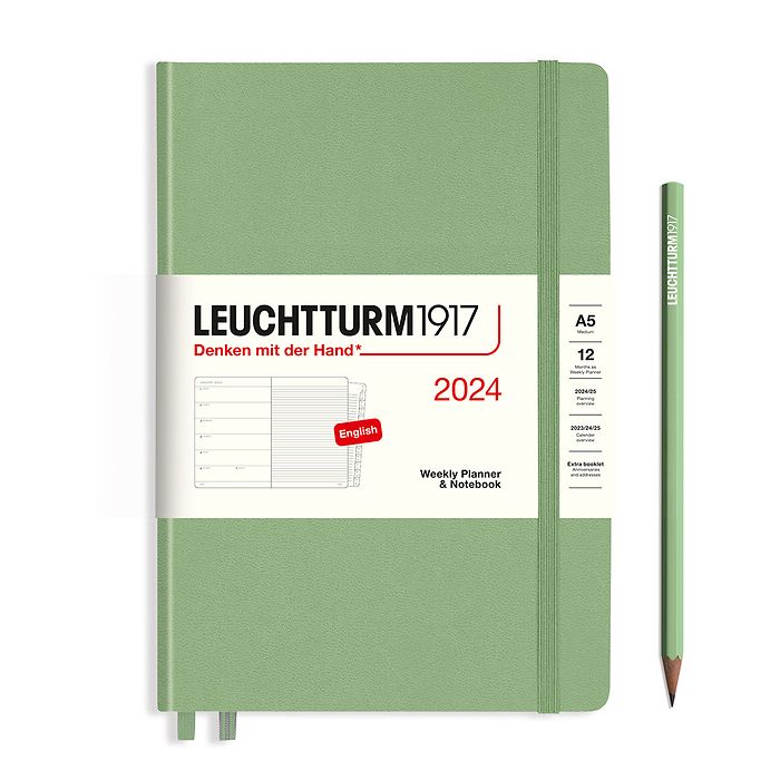 Weekly Planner & Notebook Medium (A5) 2024, with booklet, Sage, English