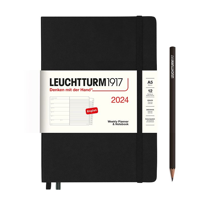 Weekly Planner & Notebook Medium (A5) 2024, with booklet, Black, English