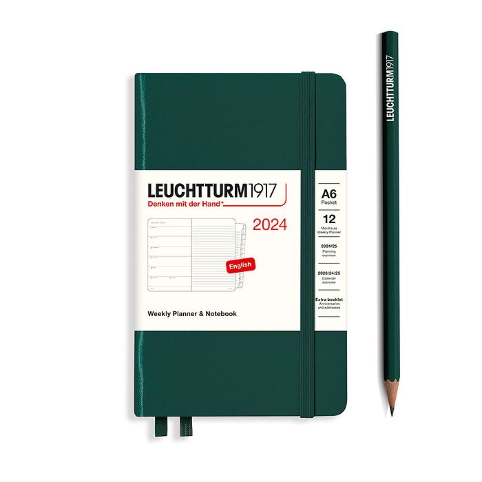 Weekly Planner & Notebook Pocket (A6) 2024, with booklet, Forest Green, English
