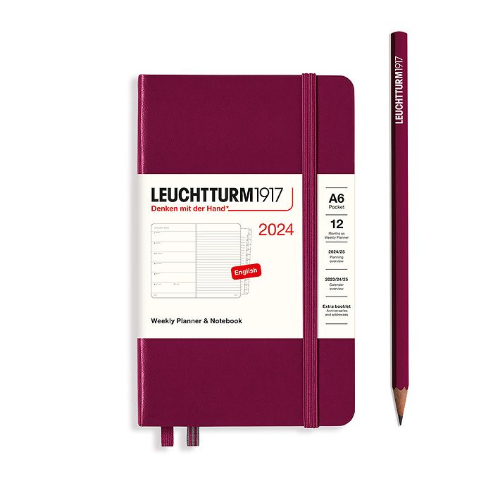 Weekly Planner & Notebook Pocket (A6) 2024, with booklet, Port Red, English