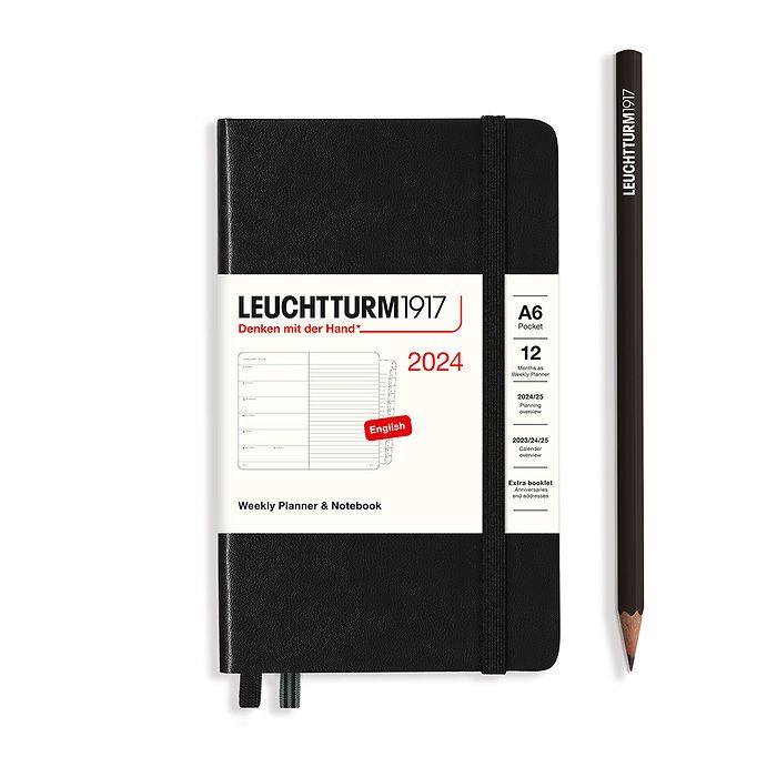 Weekly Planner & Notebook Pocket (A6) 2024, with booklet, Black, English