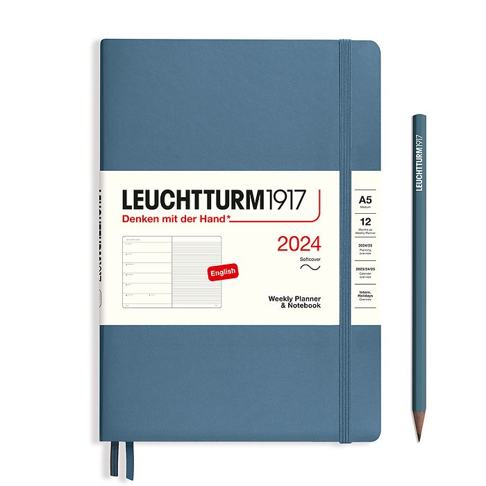 Weekly Planner & Notebook Medium (A5) 2024, Softcover, Stone Blue, English