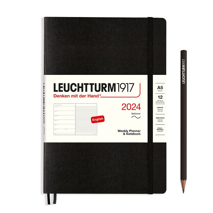 Weekly Planner & Notebook Medium (A5) 2024, Softcover, Black, English