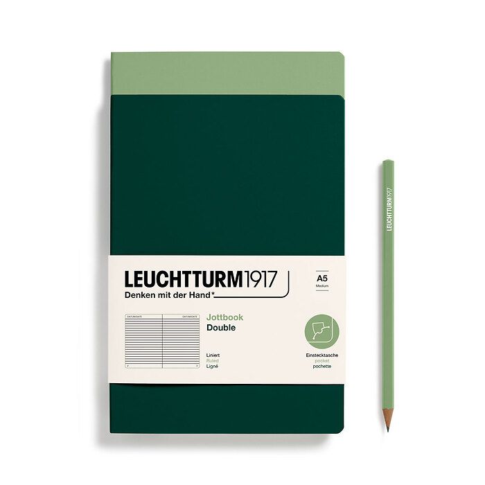 Jottbook (A5), 59 numbered pages, ruled, Sage and Forest Green, Pack of 2