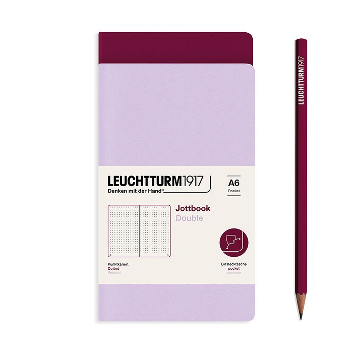 Jottbook (A6), 59 numbered pages, dotted, Lilac and Port Red, Pack of 2