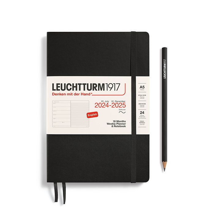 Weekly Planner & Notebook Medium (A5) 2025, 18 Months, Softcover, Black