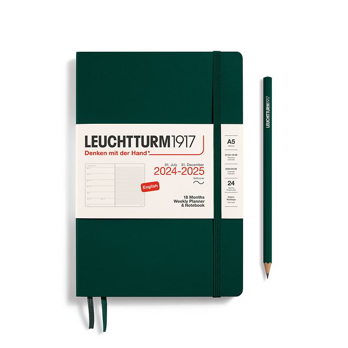 Weekly Planner & Notebook Medium (A5) 2025, 18 Months, Softcover, Forest Green